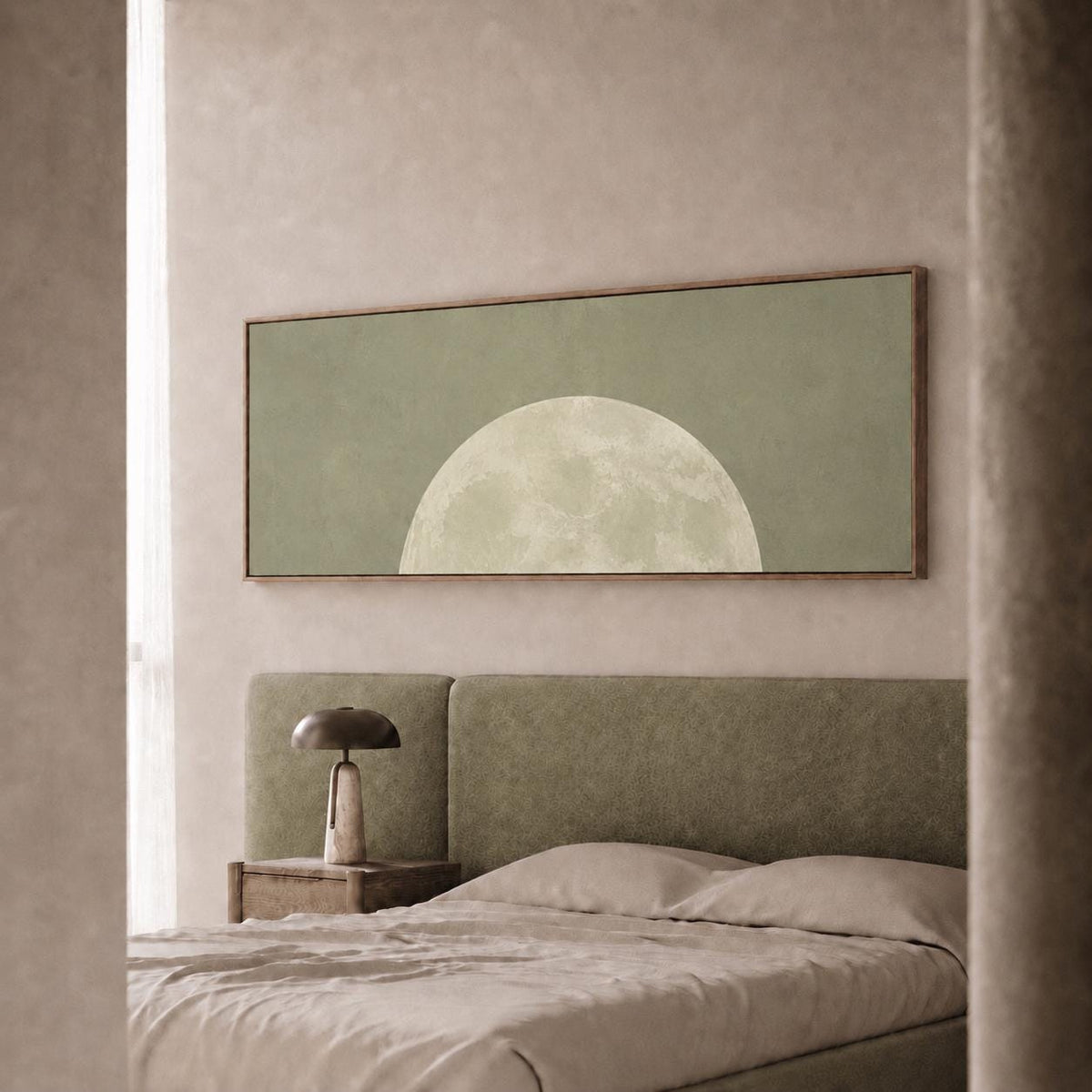 Minimalist Sage Green Moon Panoramic Canvas Print, Neutral Japandi Wall Decor