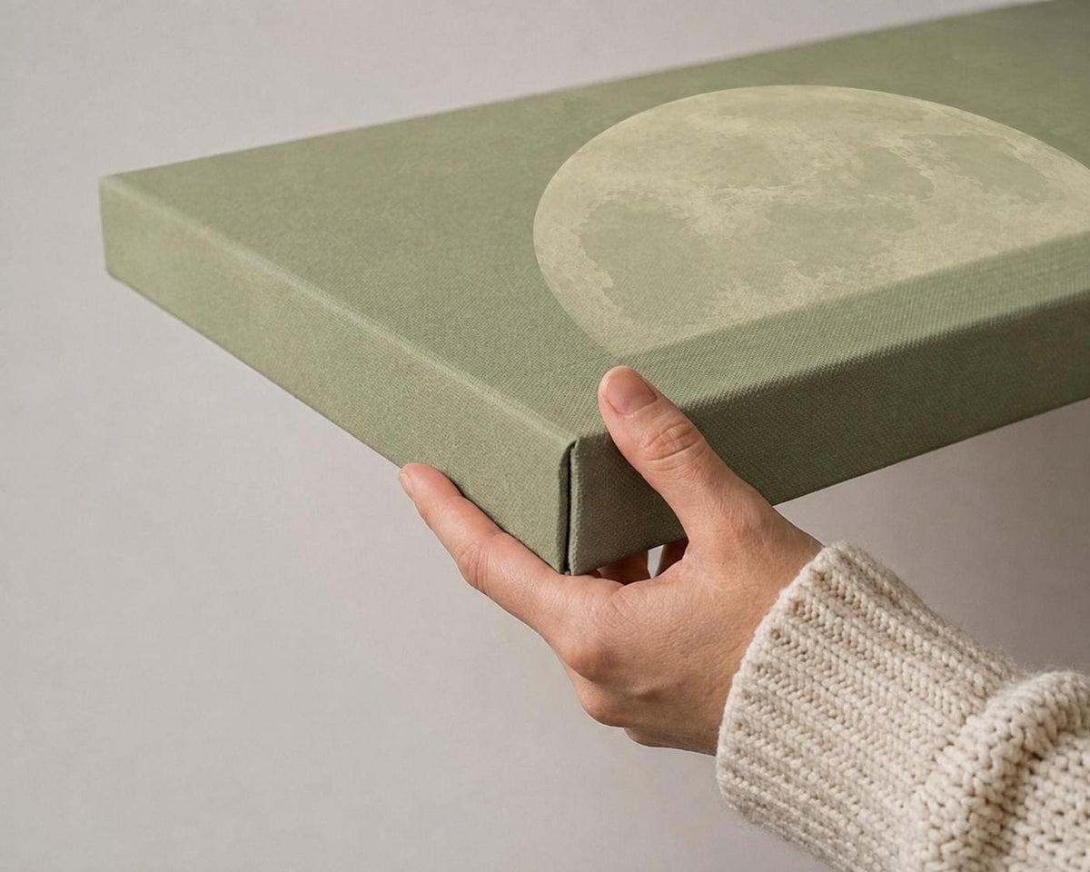 Minimalist Sage Green Moon Panoramic Canvas Print, Neutral Japandi Wall Decor