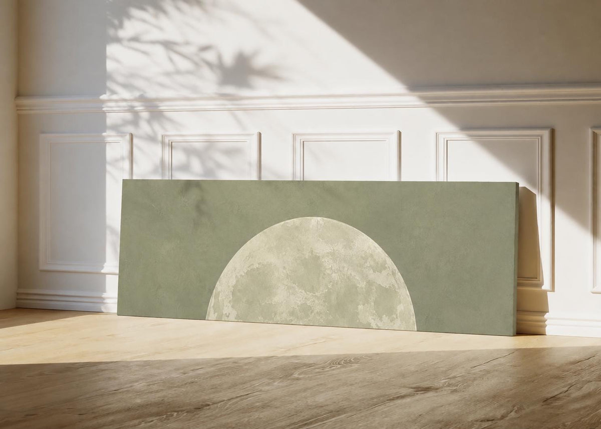 Minimalist Sage Green Moon Panoramic Canvas Print, Neutral Japandi Wall Decor