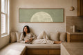 Minimalist Sage Green Moon Panoramic Canvas Print, Neutral Japandi Wall Decor