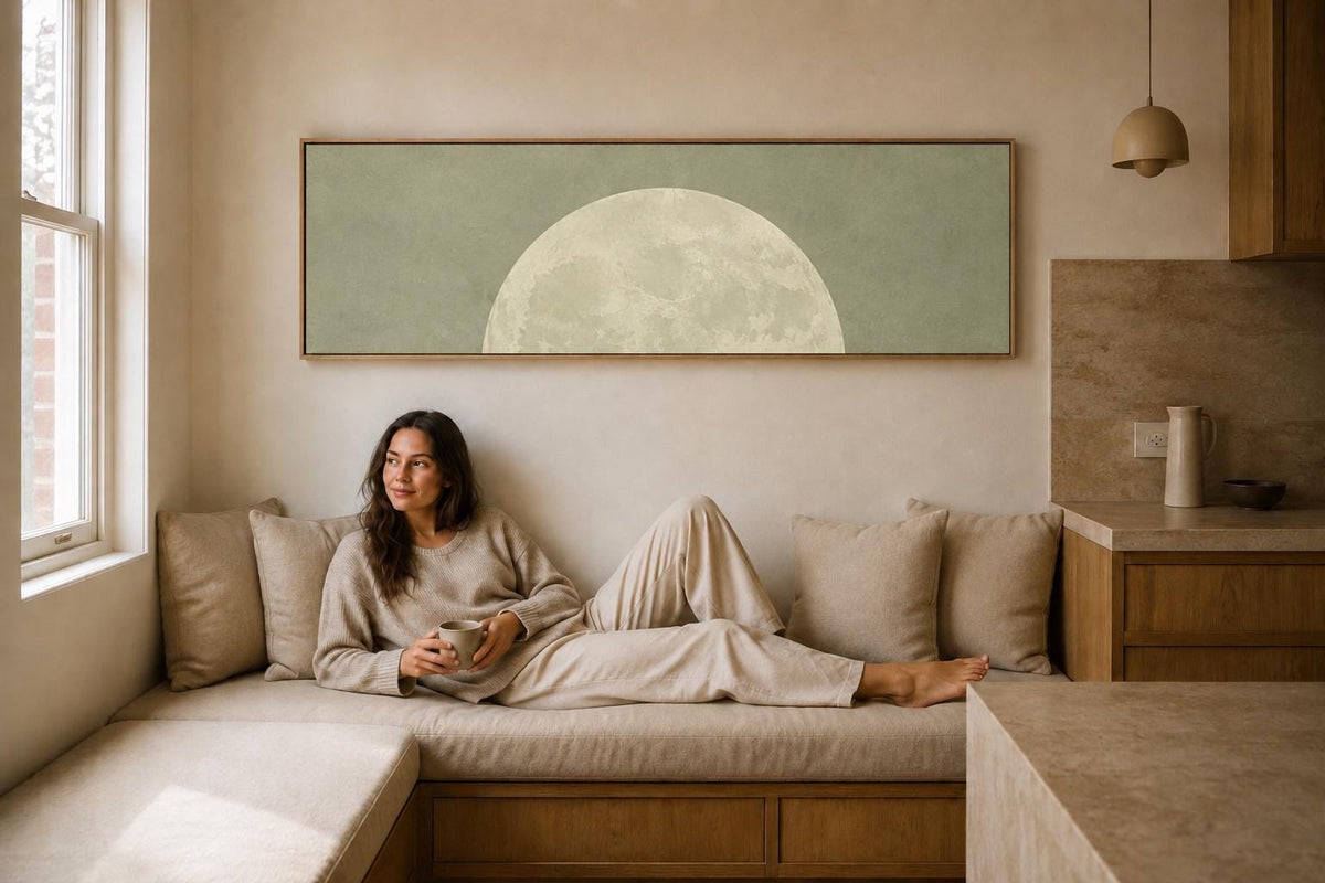 Minimalist Sage Green Moon Panoramic Canvas Print, Neutral Japandi Wall Decor