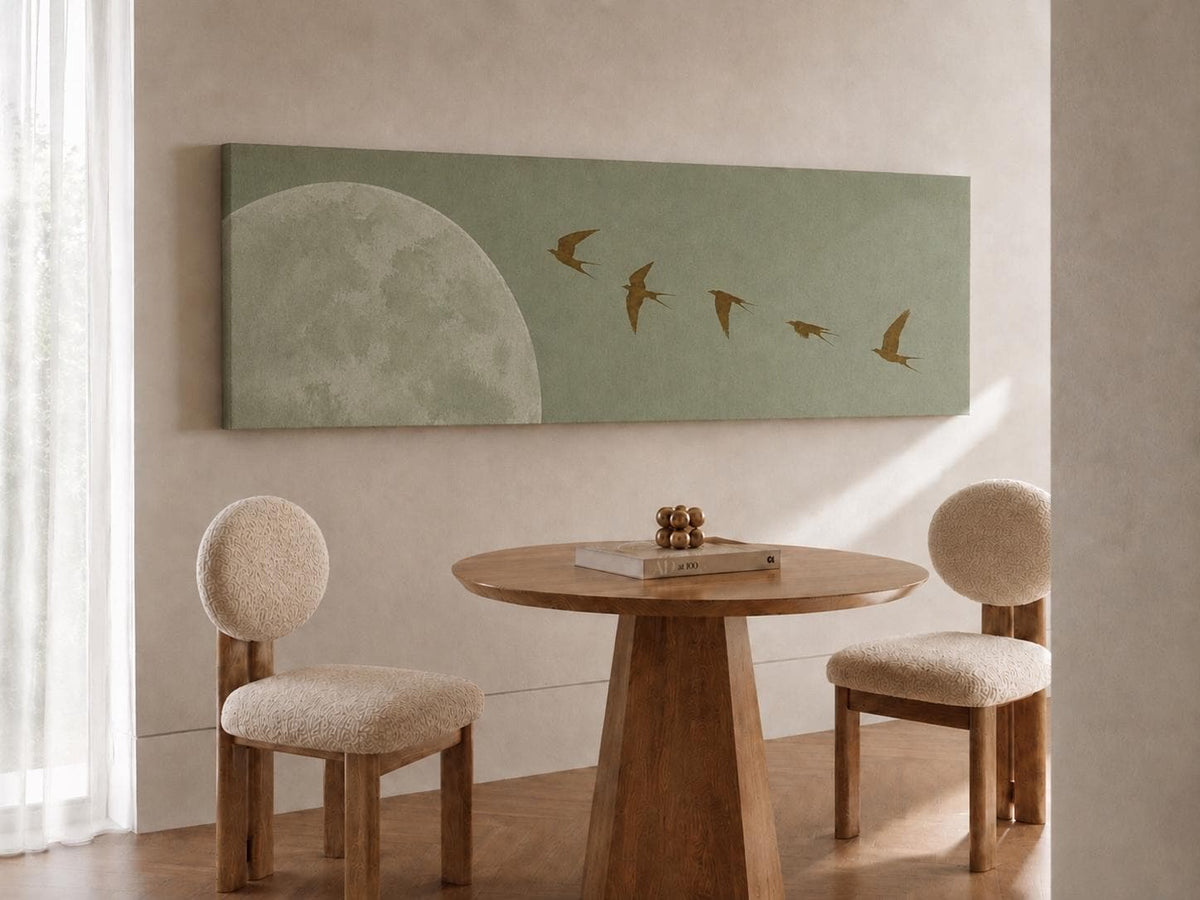 Minimalist Wabi Sabi Horizontal Canvas Print: Sage Green Moon and Birds
