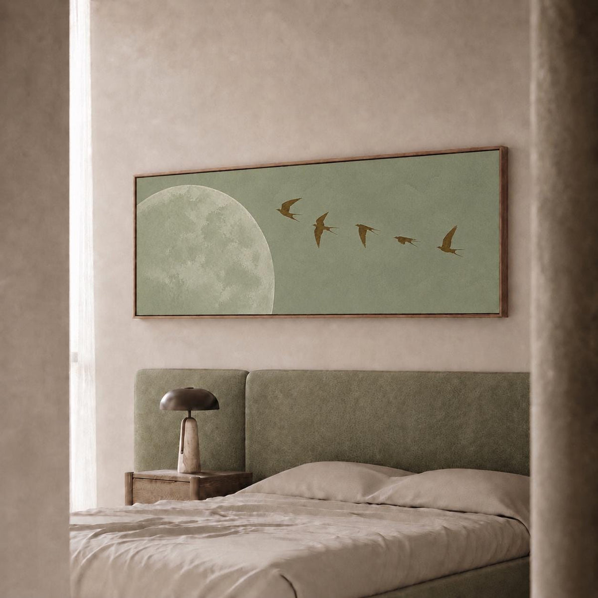 Minimalist Wabi Sabi Horizontal Canvas Print: Sage Green Moon and Birds