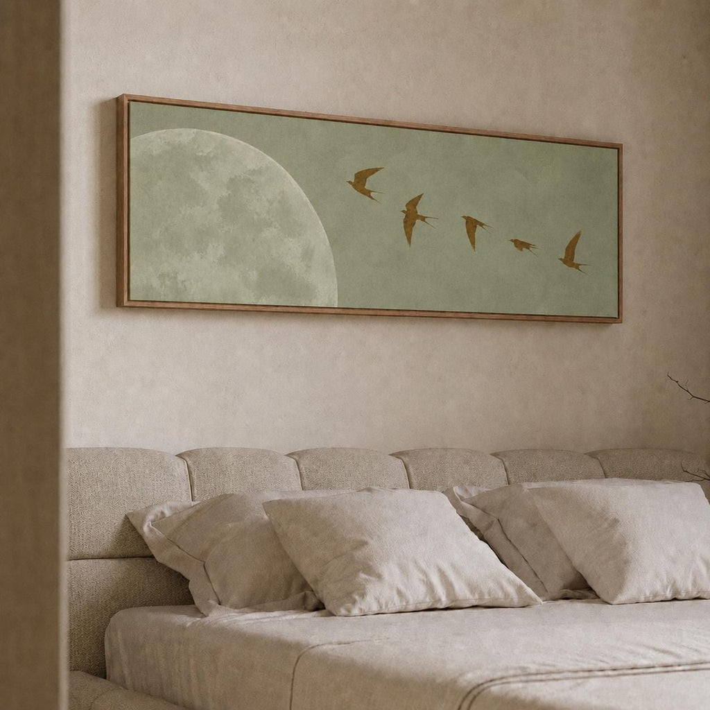 Minimalist Wabi Sabi Horizontal Canvas Print: Sage Green Moon and Birds