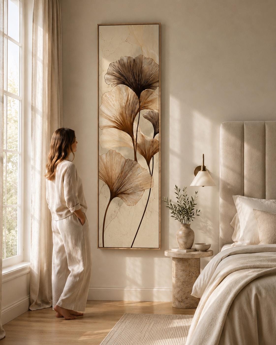 Earth Tone Ginkgo Print | Vertical Wabi Sabi Wall Art Canvas