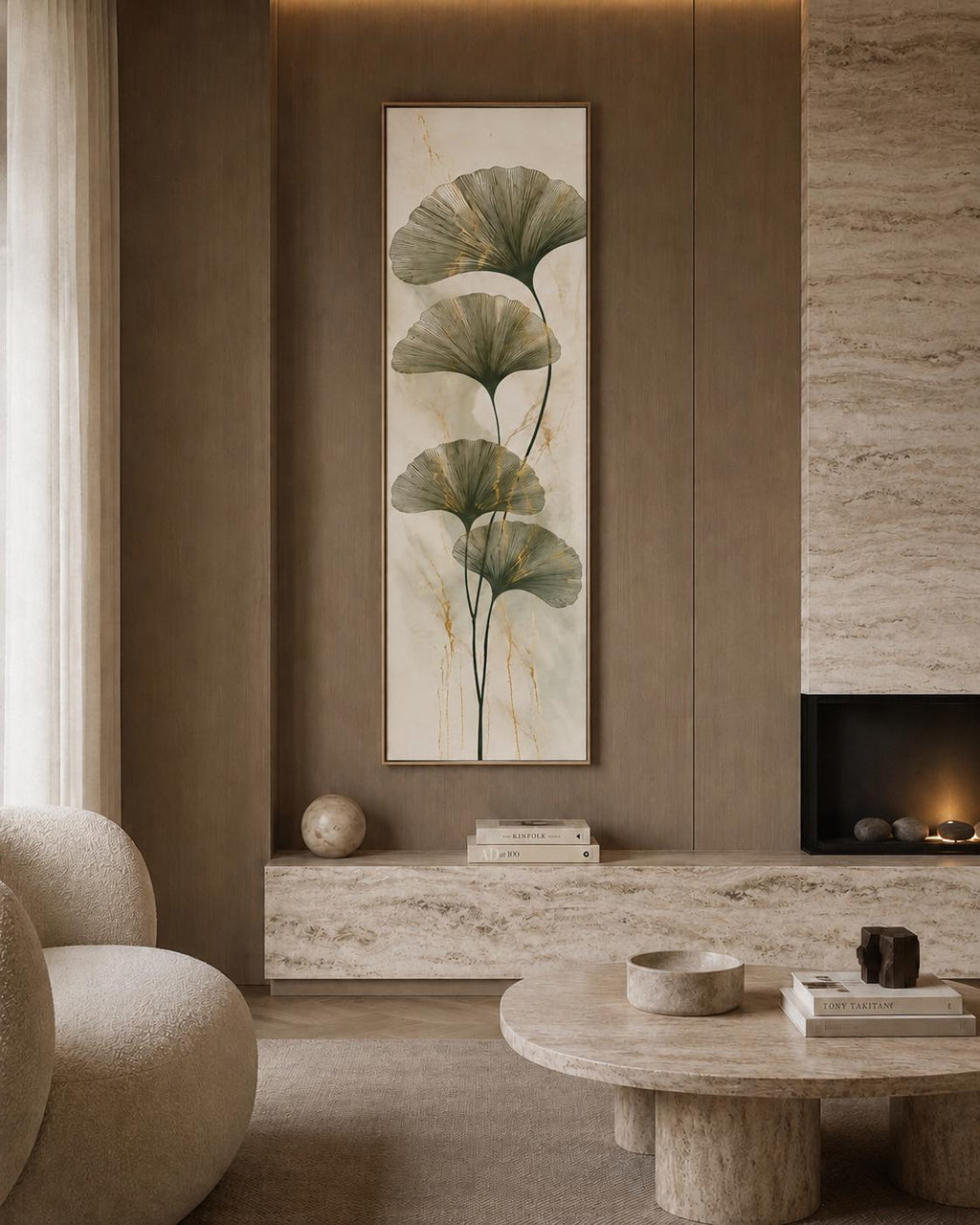 Kintsugi Ginkgo Canvas Print | Tall Botanical Gold Leaf Wall Art Japandi Minimalist Decor