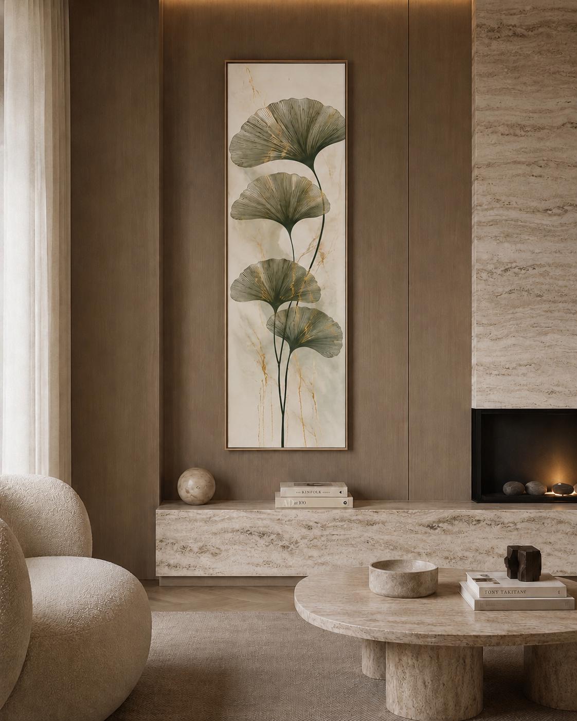 Kintsugi Ginkgo Canvas Print | Tall Botanical Gold Leaf Wall Art Japandi Minimalist Decor