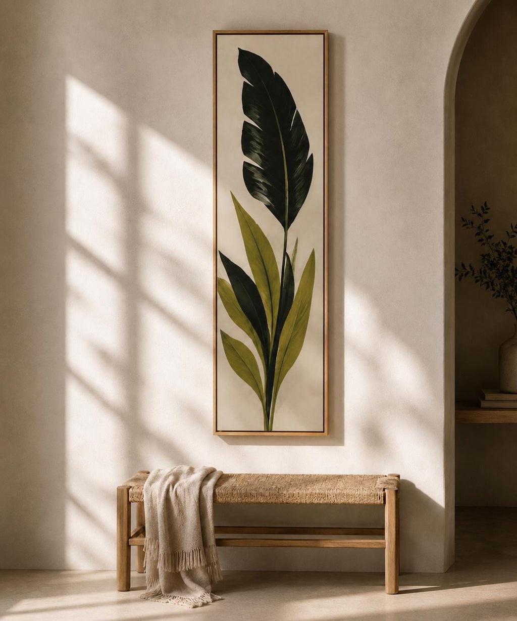 Green Leaf Canvas Print | Tall Neutral Floral Art | Slim Vertical Wall Decor