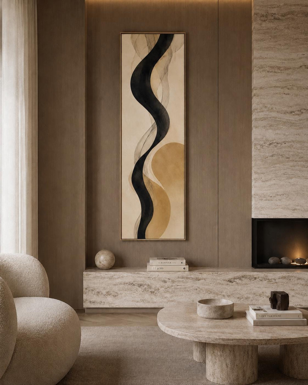Neutral Black Line Canvas Print, Mustard Abstract Wall Art, Japandi Minimalist Vertical Print