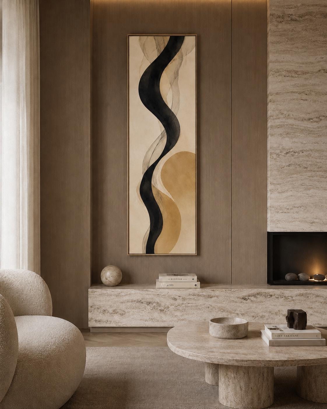 Neutral Black Line Canvas Print, Mustard Abstract Wall Art, Japandi Minimalist Vertical Print