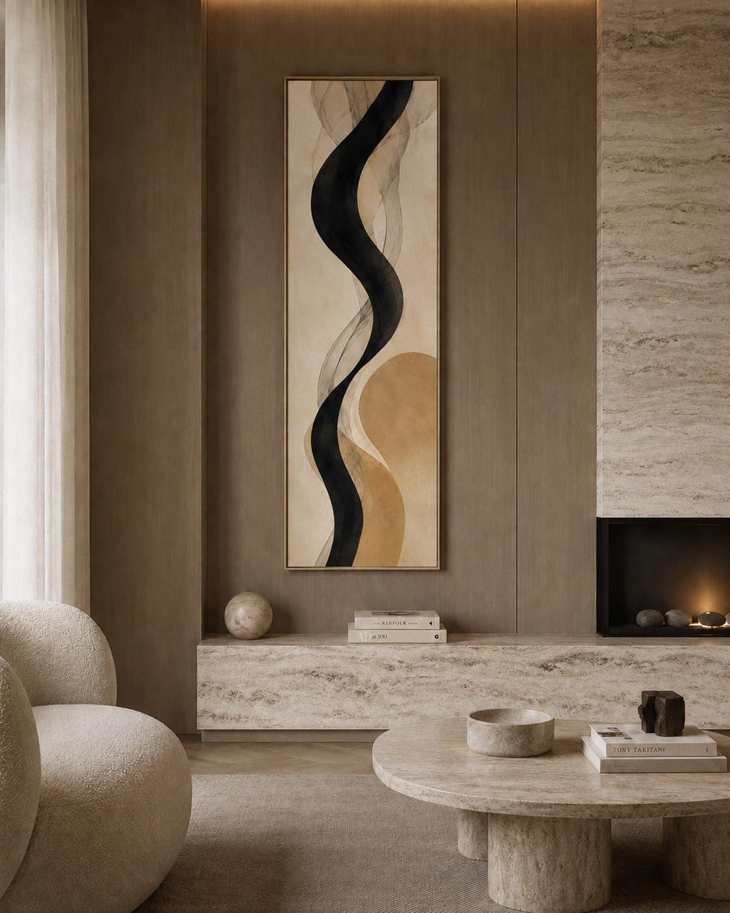 Neutral Black Line Canvas Print, Mustard Abstract Wall Art, Japandi Minimalist Vertical Print