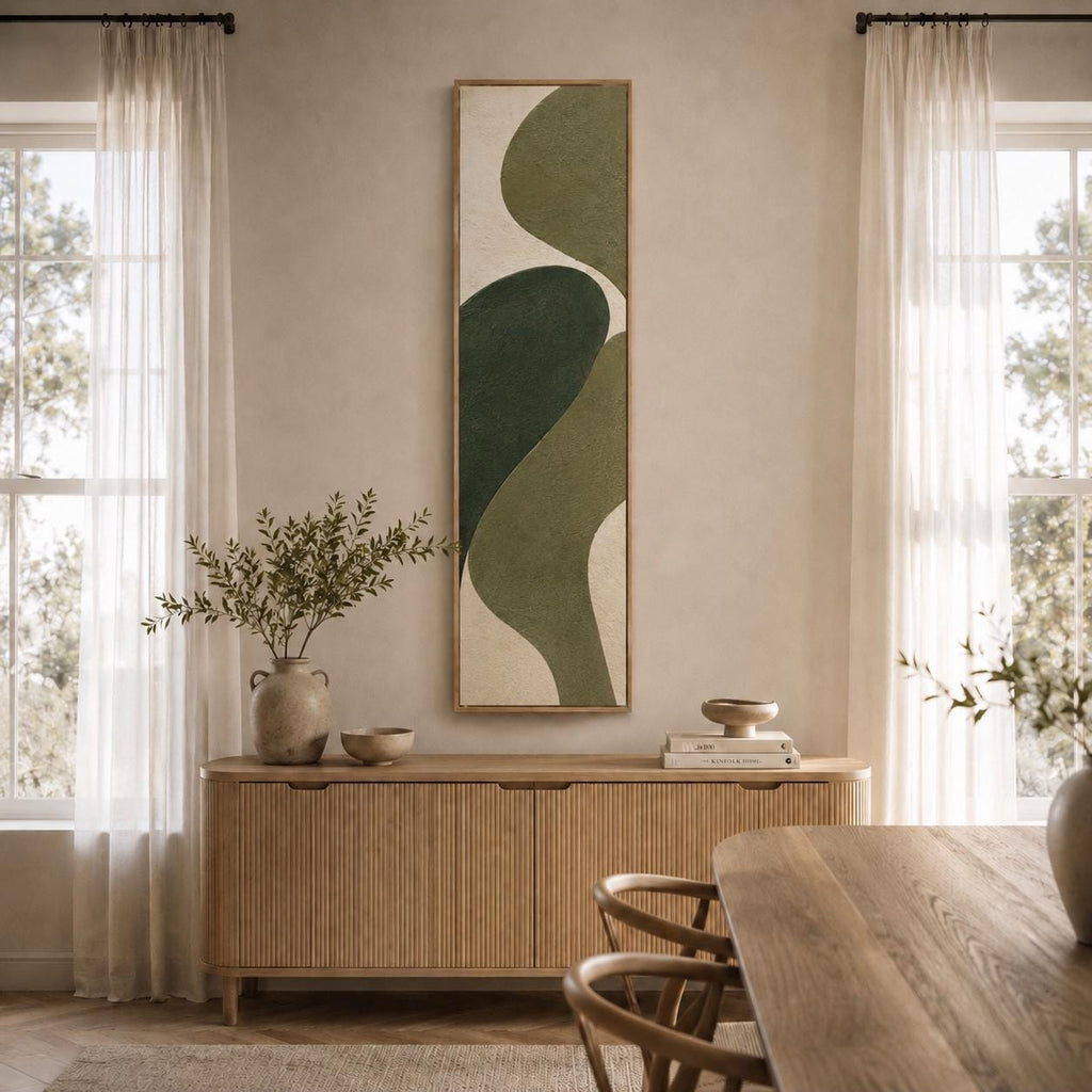 Olive Green Abstract Canvas Print, Japandi Vertical Wall Art, Minimalist Decor