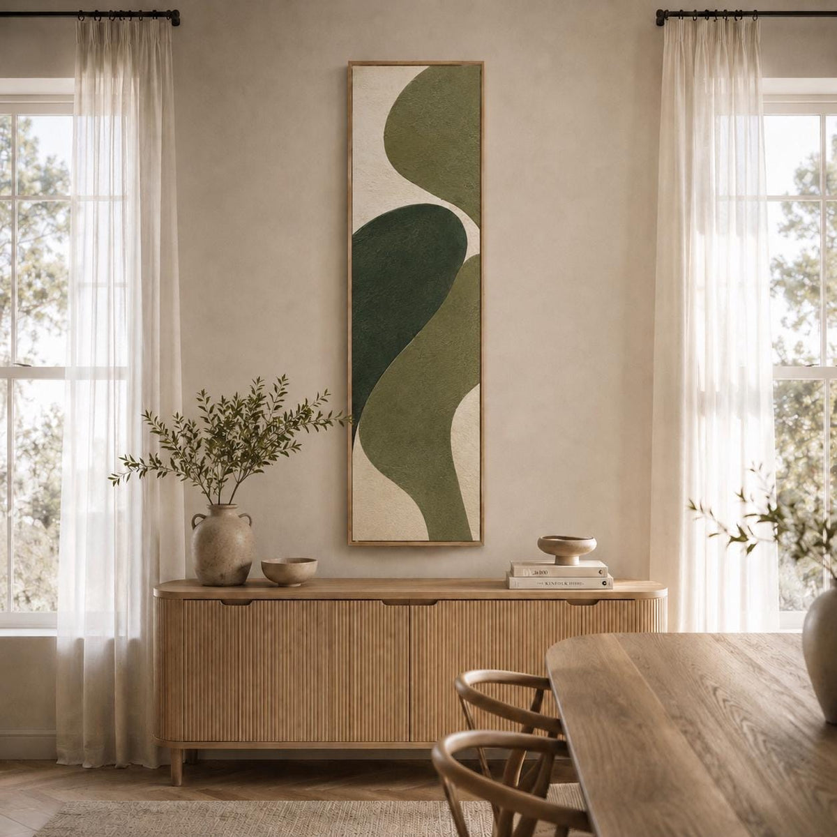 Olive Green Abstract Canvas Print, Japandi Vertical Wall Art, Minimalist Decor