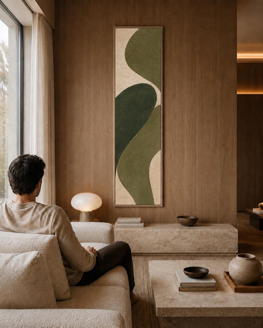 Olive Green Abstract Canvas Print, Japandi Vertical Wall Art, Minimalist Decor