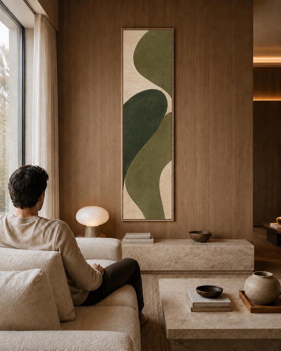 Olive Green Abstract Canvas Print, Japandi Vertical Wall Art, Minimalist Decor