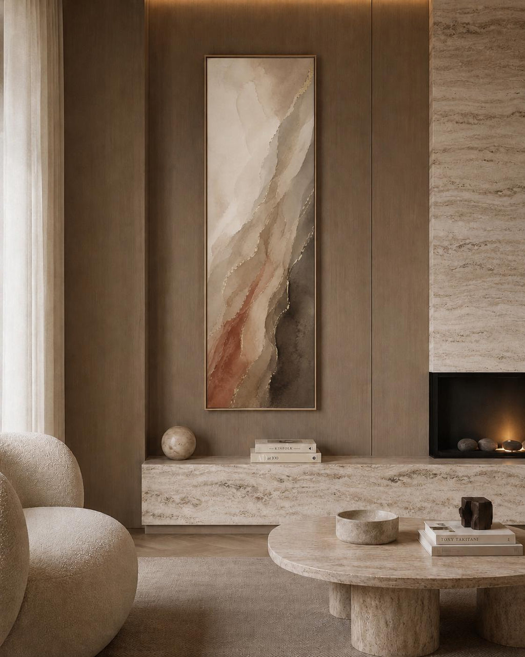 Long Vertical Canvas Wall Art, Muted Terracotta Landscape Art, Walnut Warm Taupe