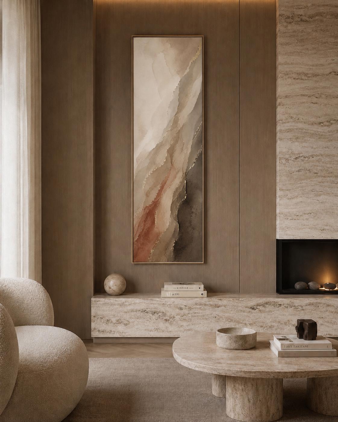 Long Vertical Canvas Wall Art, Muted Terracotta Landscape Art, Walnut Warm Taupe