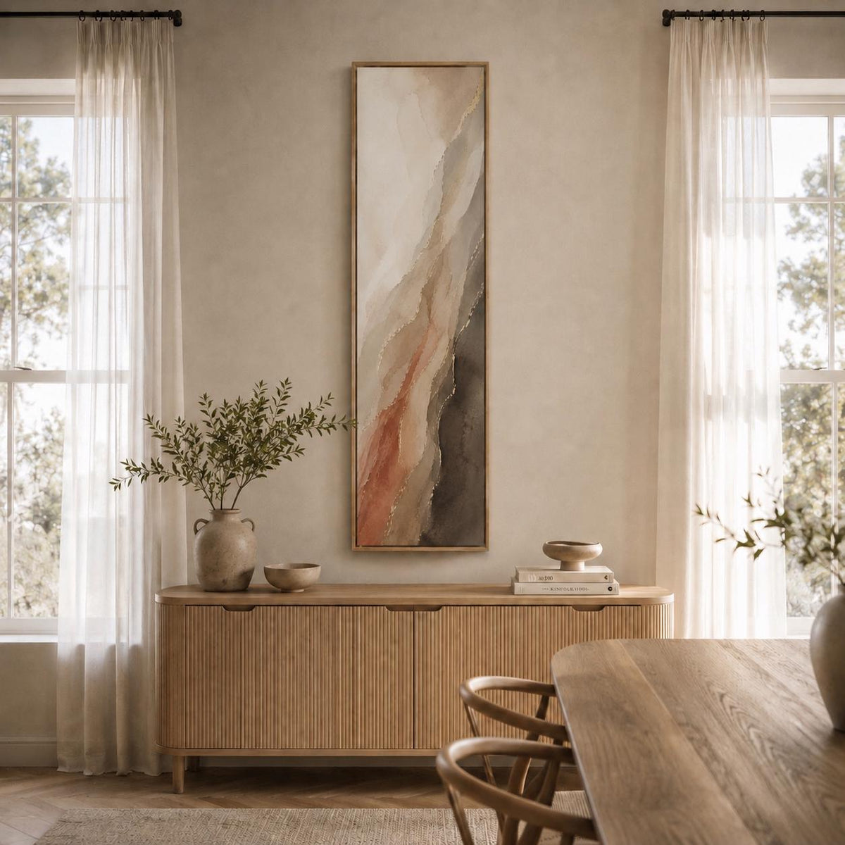 Long Vertical Canvas Wall Art, Muted Terracotta Landscape Art, Walnut Warm Taupe