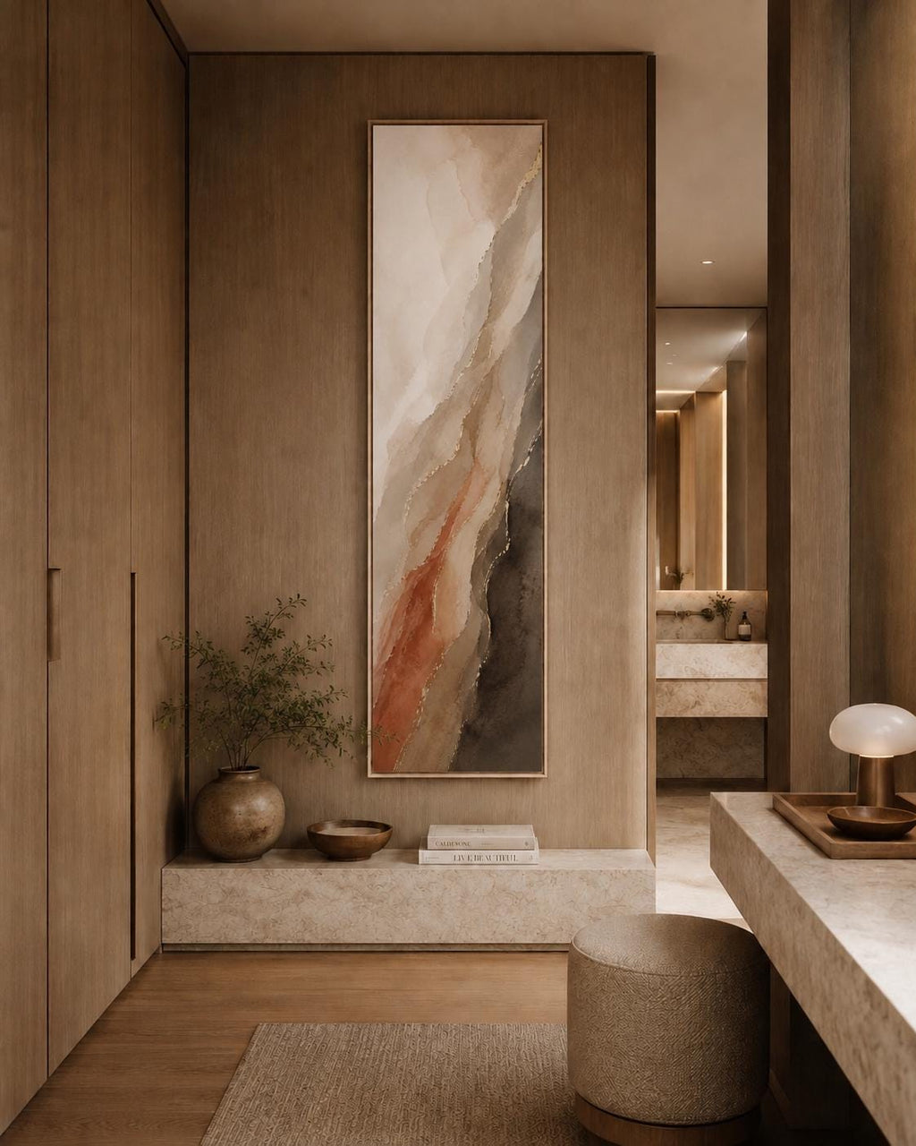 Long Vertical Canvas Wall Art, Muted Terracotta Landscape Art, Walnut Warm Taupe