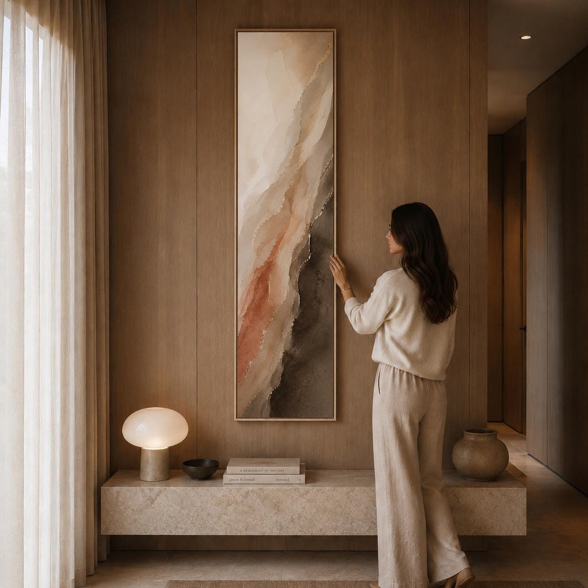 Long Vertical Canvas Wall Art, Muted Terracotta Landscape Art, Walnut Warm Taupe