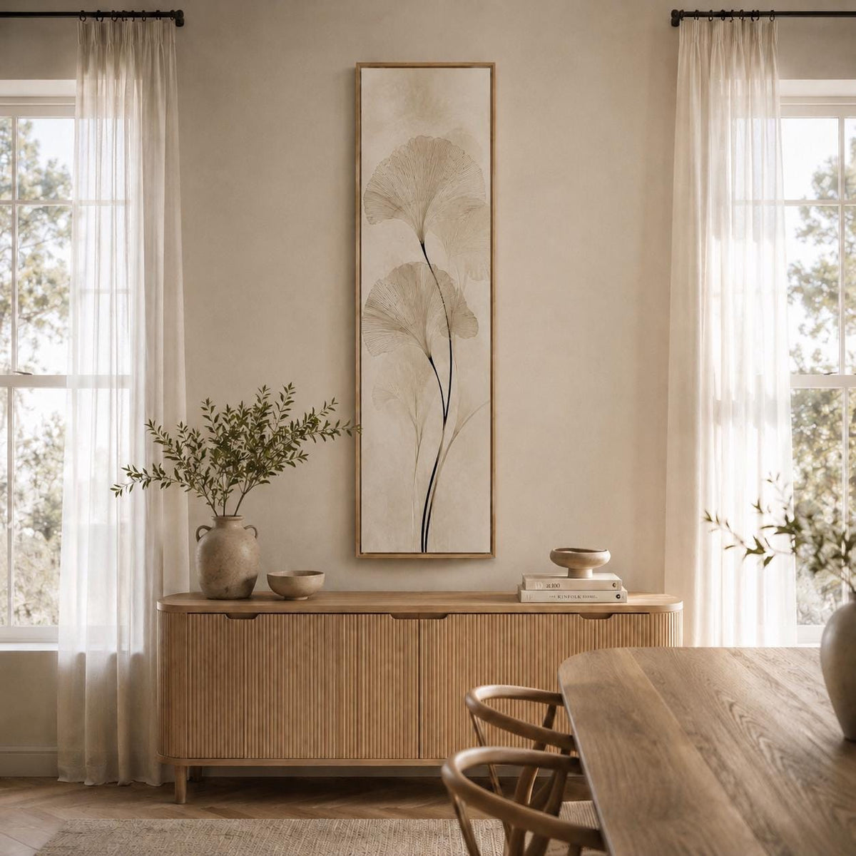 Custom Ginkgo Biloba Canvas Print | Neutral Botanical Wall Art (96x32 in)