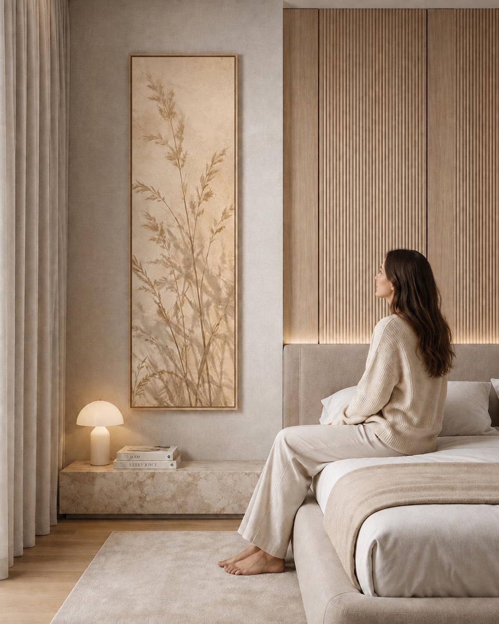 Meadow Grass Canvas Print: Neutral Japandi Vertical Wall Decor