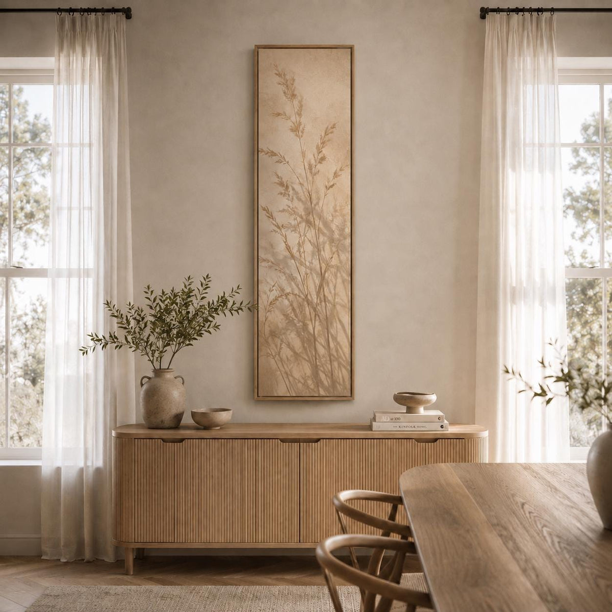 Meadow Grass Canvas Print: Neutral Japandi Vertical Wall Decor