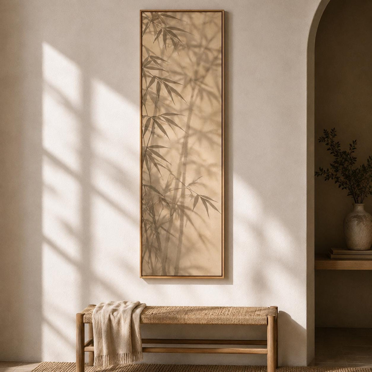 Narrow Vertical Bamboo Shadow Canvas Print: Wabi Sabi Botanical Wall Art