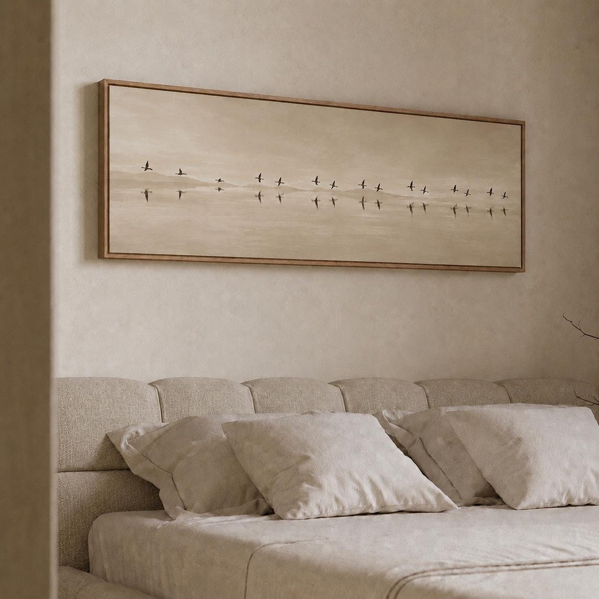 Neutral Birds Flying Canvas Print, Bedroom Wall Art, Narrow Panorama Decor