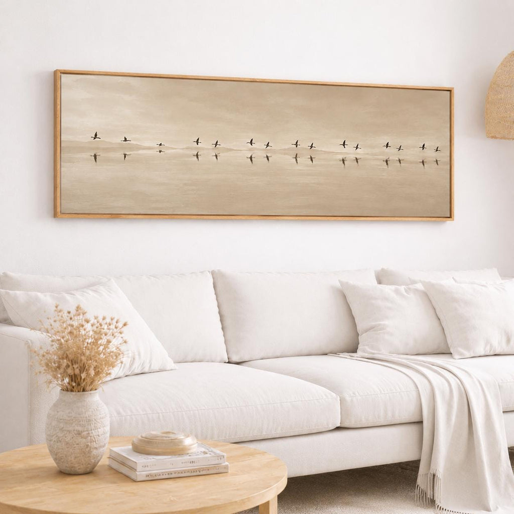 Neutral Birds Flying Canvas Print, Bedroom Wall Art, Narrow Panorama Decor