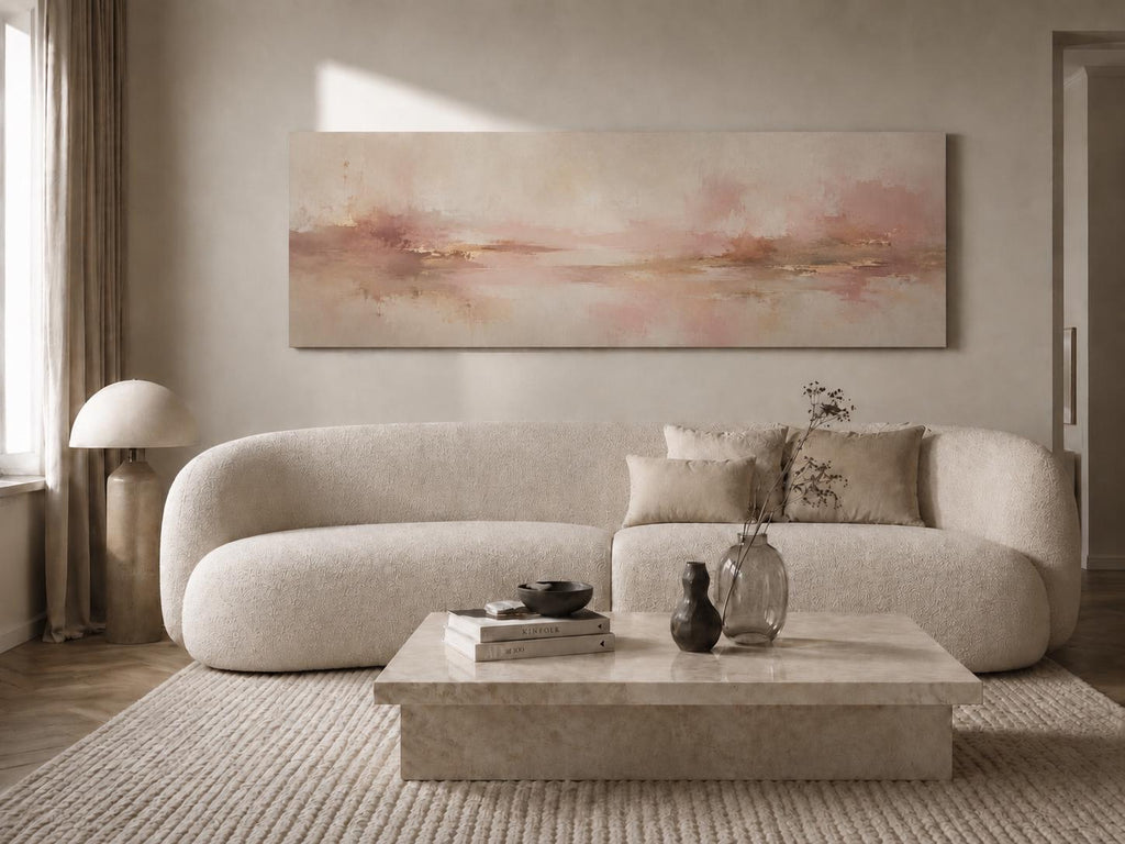Blush Pink and Beige Abstract Canvas Print, Narrow Panorama Decor