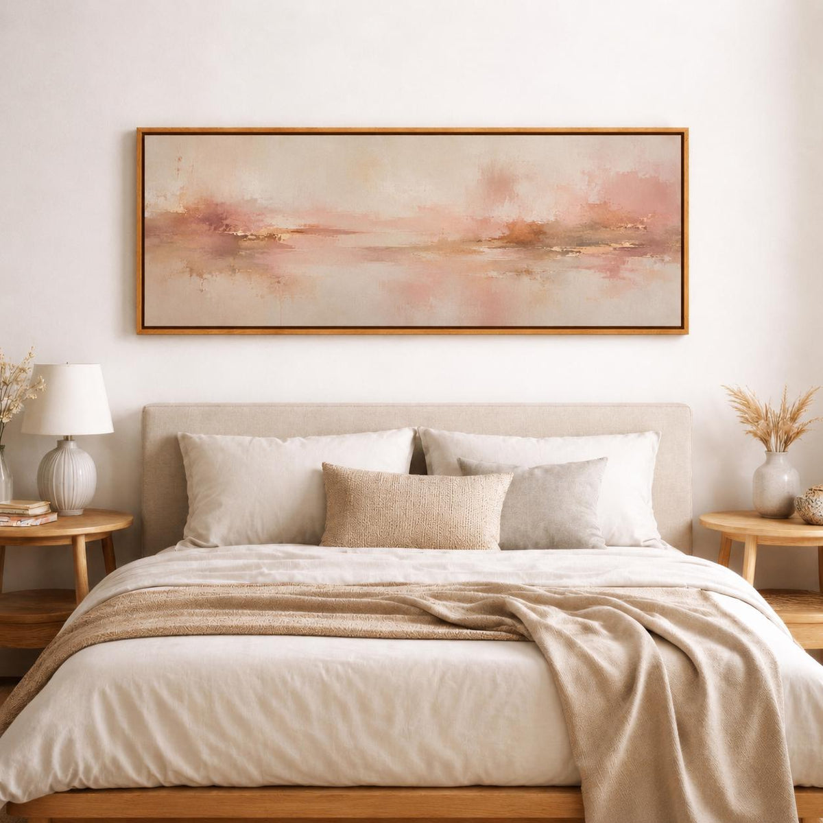 Blush Pink and Beige Abstract Canvas Print, Narrow Panorama Decor