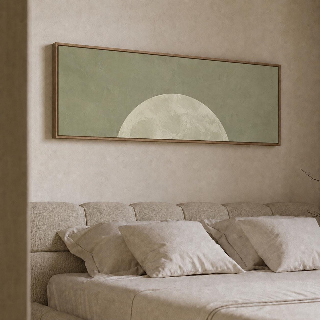 Minimalist Sage Green Moon Panoramic Canvas Print, Neutral Japandi Wall Decor