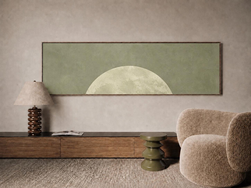 Minimalist Sage Green Moon Panoramic Canvas Print, Neutral Japandi Wall Decor