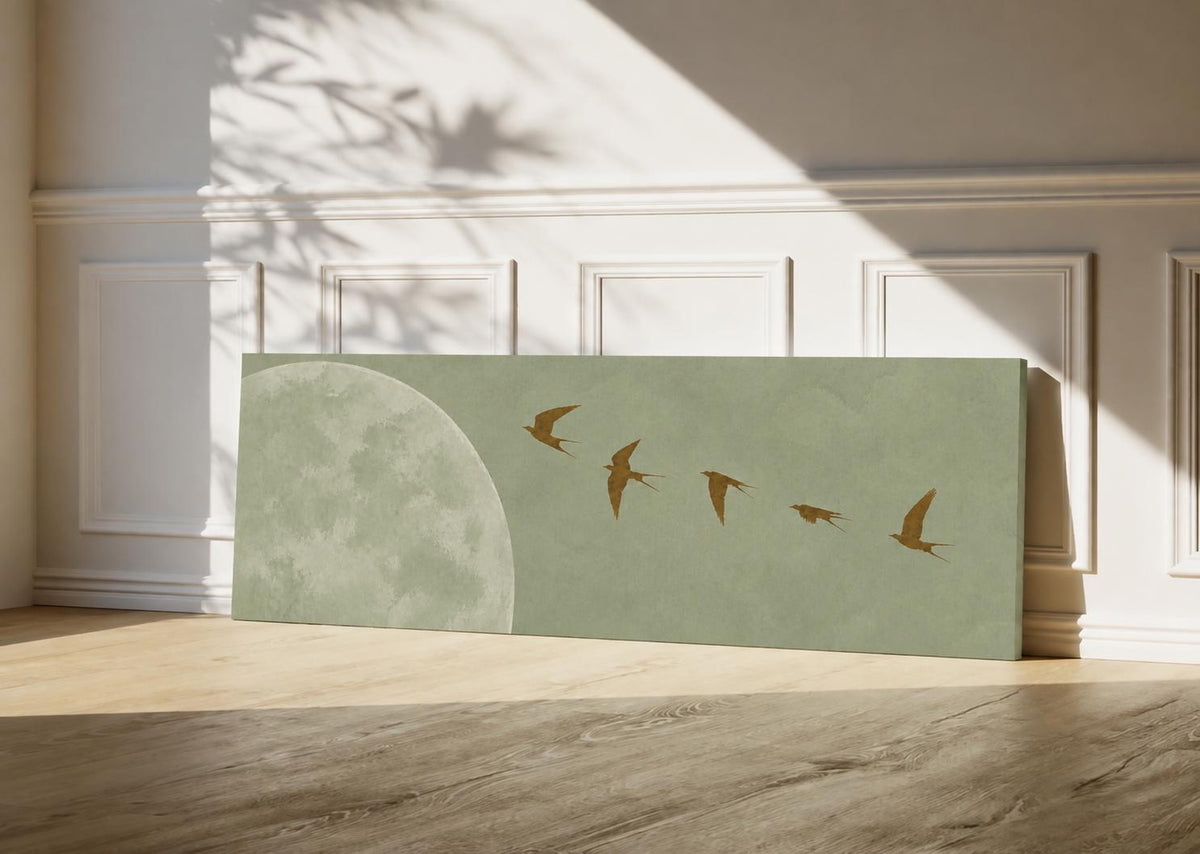 Minimalist Wabi Sabi Horizontal Canvas Print: Sage Green Moon and Birds