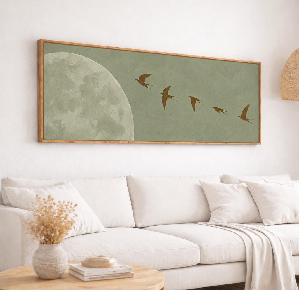Minimalist Wabi Sabi Horizontal Canvas Print: Sage Green Moon and Birds