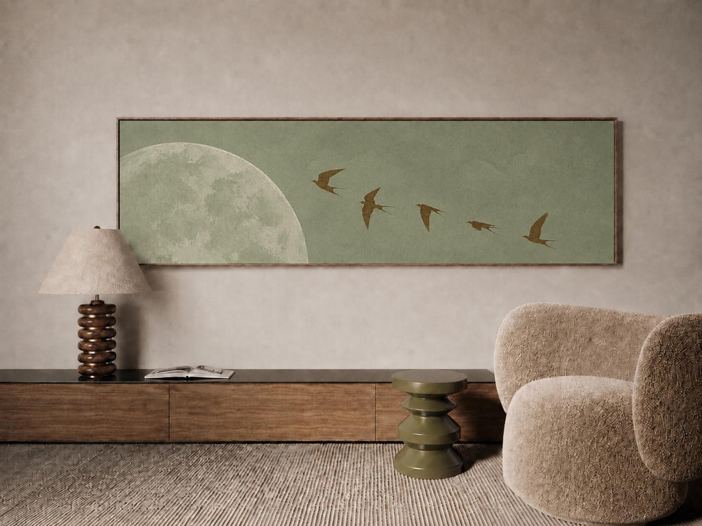 Minimalist Wabi Sabi Horizontal Canvas Print: Sage Green Moon and Birds