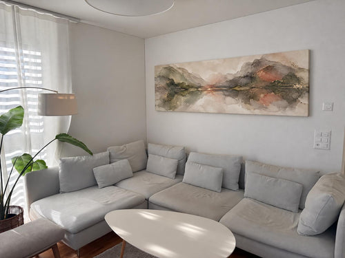 Pastel Olive Green and Terracotta Clouds Canvas Print, Narrow Bedroom or Living Room Decor