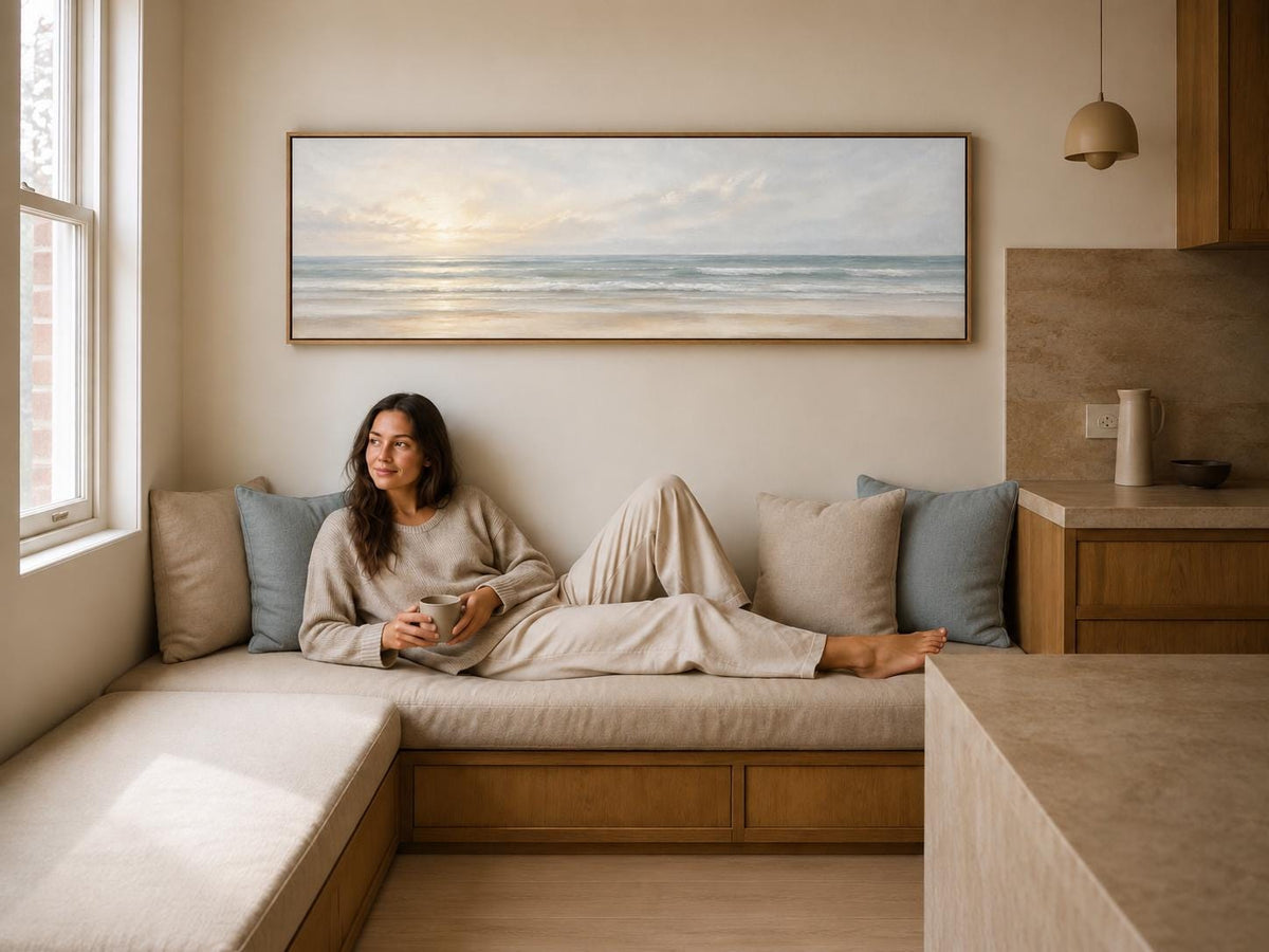 Coastal Sunset Canvas Print, Pastel Peach and Blue Ocean Panorama