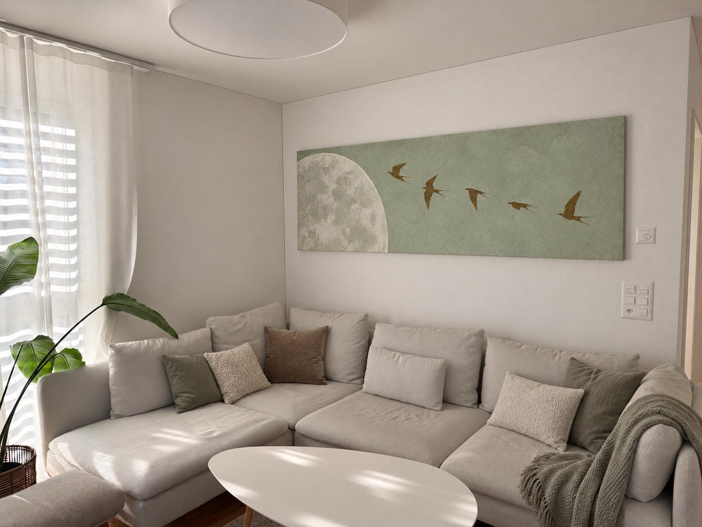 Minimalist Wabi Sabi Horizontal Canvas Print: Sage Green Moon and Birds