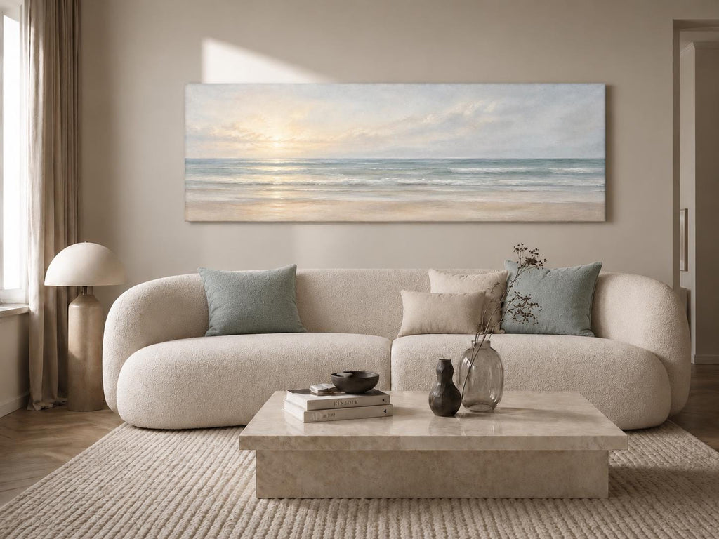 Coastal Sunset Canvas Print, Pastel Peach and Blue Ocean Panorama