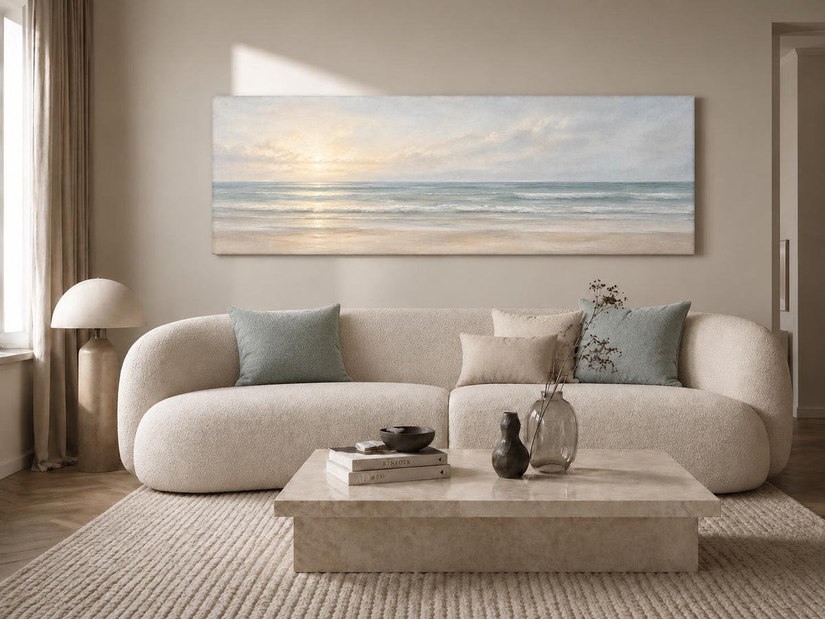 Coastal Sunset Canvas Print, Pastel Peach and Blue Ocean Panorama