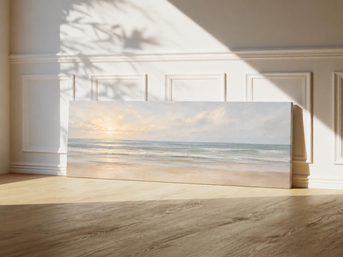 Coastal Sunset Canvas Print, Pastel Peach and Blue Ocean Panorama