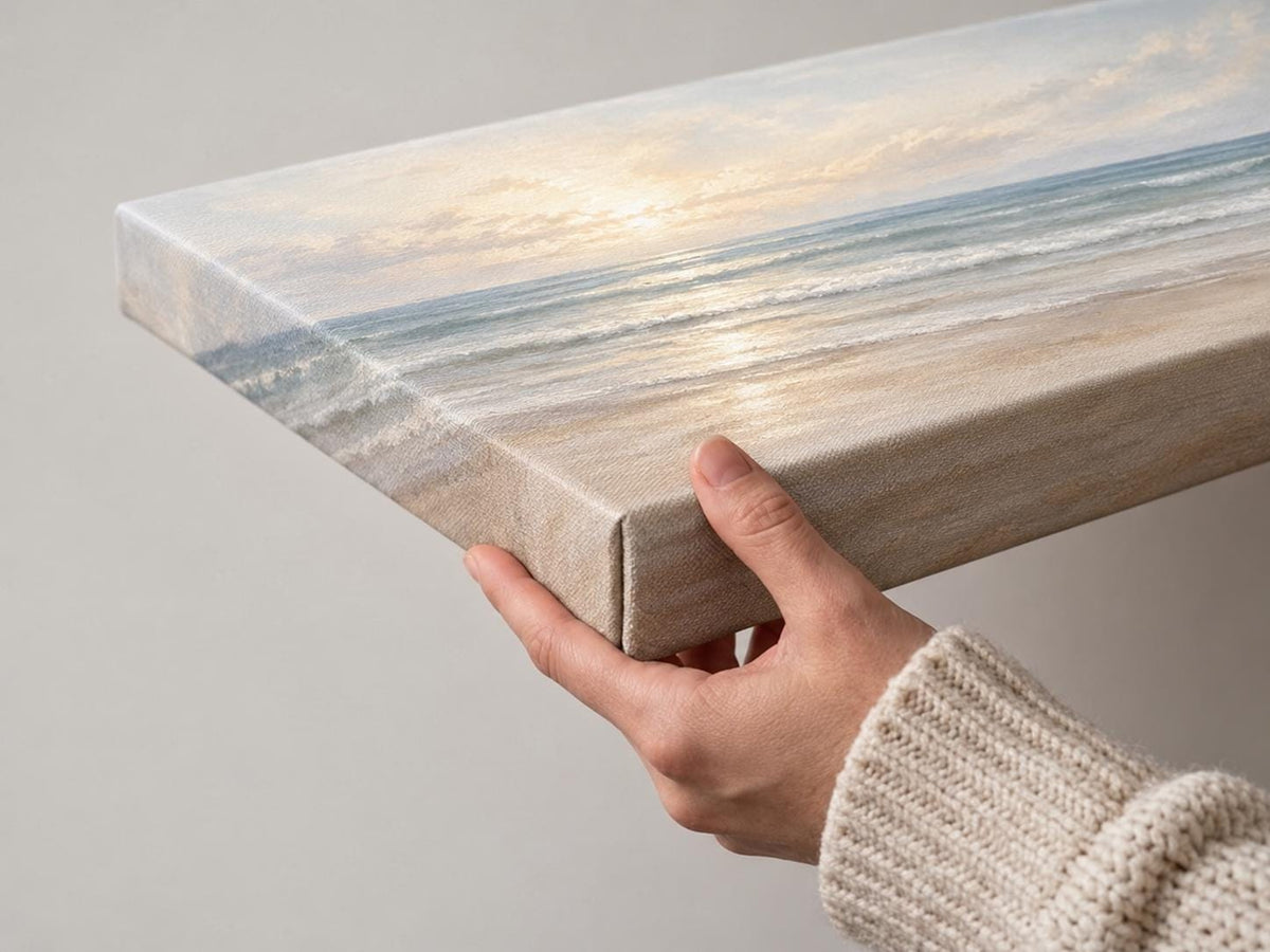 Coastal Sunset Canvas Print, Pastel Peach and Blue Ocean Panorama