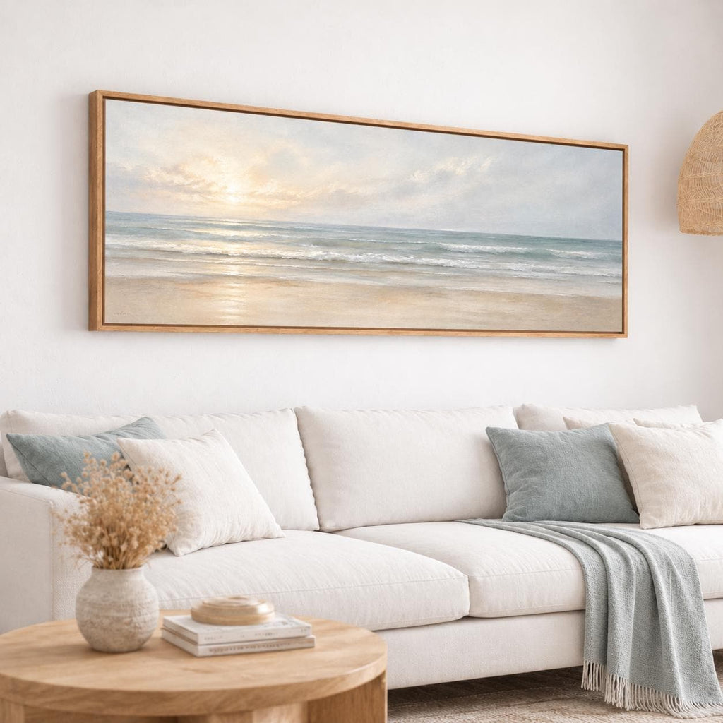 Coastal Sunset Canvas Print, Pastel Peach and Blue Ocean Panorama