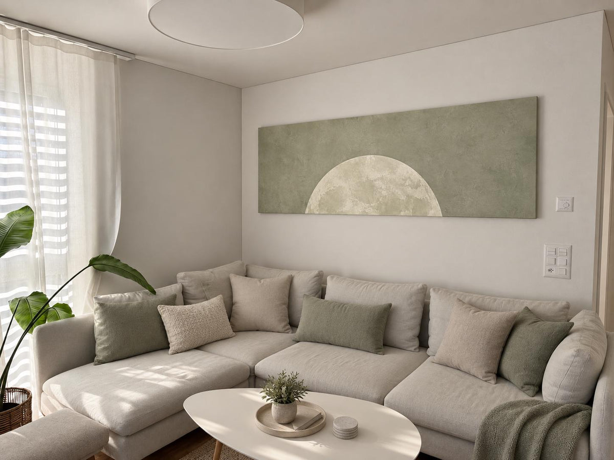 Minimalist Sage Green Moon Panoramic Canvas Print, Neutral Japandi Wall Decor