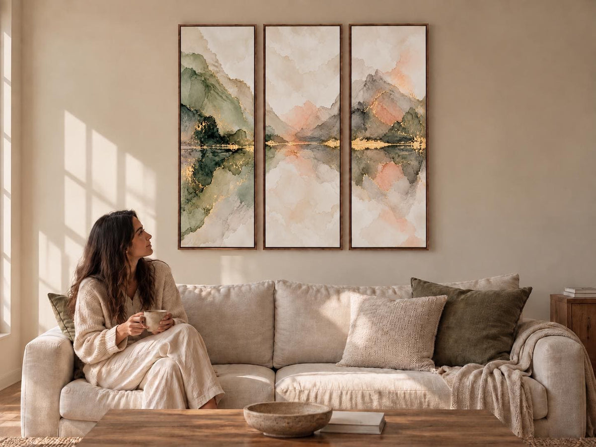 Olive Green Abstract Triptych: Large Framed Canvas Print (Set of 3)