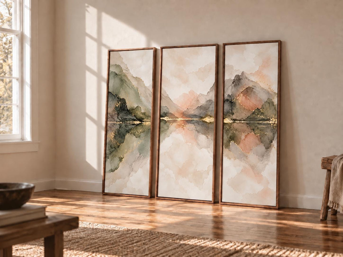 Olive Green Abstract Triptych: Large Framed Canvas Print (Set of 3)