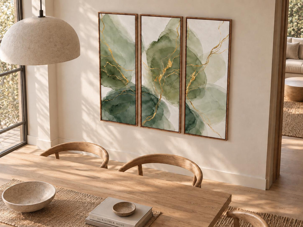 Olive Green Abstract Triptych: Large Watercolor Canvas Print (Set of 3)