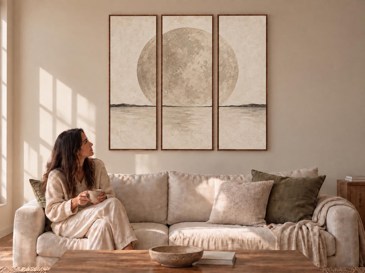 Full Moon Abstract Triptych: Large Watercolor Canvas Print (Set of 3)